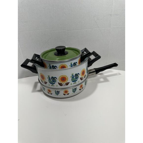 Vtg Lot 3 Enamel Stock Pots Rooster & Poppy Flower 60s‎ 70s Saucer Fry MCM RARE - Picture 3 of 15
